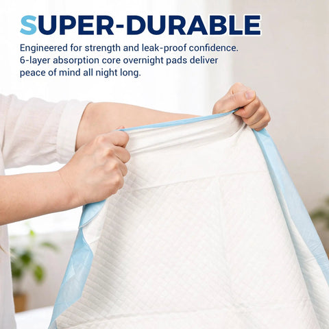 Showing Heavy Duty Disposable Bed Pads 30 X 36 Inch Extra Large Underpads, white with blue edges, demonstrating leak-proof design.