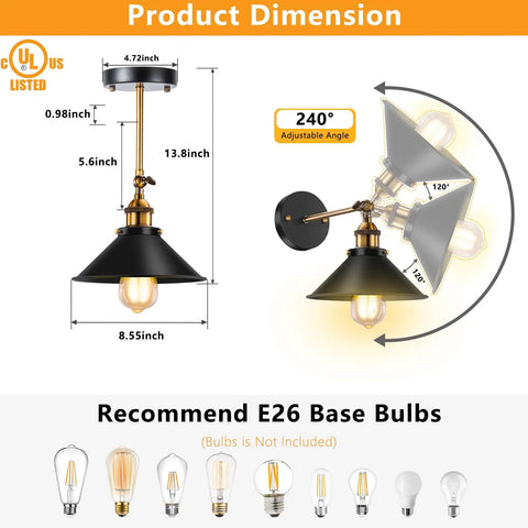 Vintage Industrial Black Wall Sconces 240 Degree Adjustable Antique Style For Restaurants Galleries Kitchens Hallways Doorways UL Approved 3 Pack Wall Lighting with dimensions