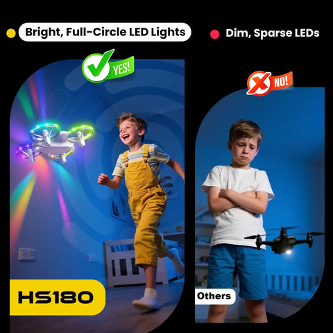 Child playing with Beginners Drone For Kids With 3 Batteries And Easy Flight Modes HS180, showing colorful LED lights indoors.