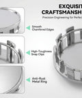 Slick Silver Wheel Hub Center Caps Featuring Snap In Tight Fit Abs Hub Covers For Cars Trucks And Suv Universal Scratch Resistant Rim Exterior Kits craftsmanship close-up of smooth edges and snap clips