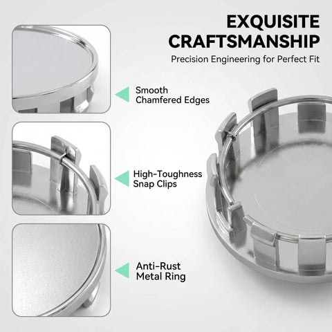 Slick Silver Wheel Hub Center Caps Featuring Snap In Tight Fit Abs Hub Covers For Cars Trucks And Suv Universal Scratch Resistant Rim Exterior Kits craftsmanship close-up of smooth edges and snap clips