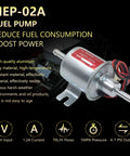 HEP-02A fuel pump with specifications for 12V input, 1.2A current, and 4-7 PSI output, showing durable aluminum design.