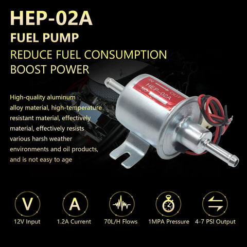 HEP-02A fuel pump with specifications for 12V input, 1.2A current, and 4-7 PSI output, showing durable aluminum design.