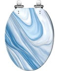 Elongated Resin Toilet Seat for Bathroom in blue marble design with shiny chrome hinges, dimensions 14.5" x 18.5".