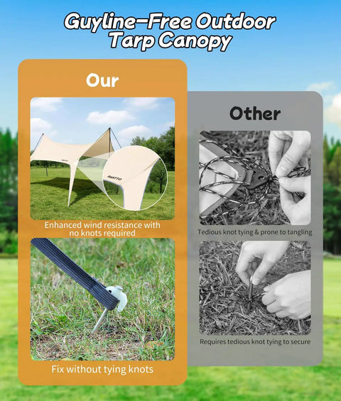 Comparison of guylines on Big Camping Tarp Canopy With Poles 14.8 By 9.8 Feet Waterproof Tent Shelter For 6 To 8 People and traditional ropes