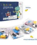 Four Pack Robot Kits For Kids Ages 8 And Up, STEM Crafts And Robotics Projects box with individual kit bags shown