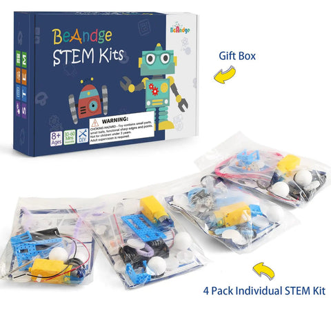 Four Pack Robot Kits For Kids Ages 8 And Up, STEM Crafts And Robotics Projects box with individual kit bags shown