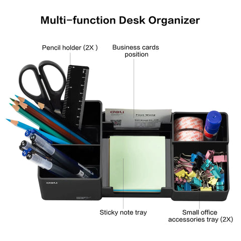 Desk Organizer With Pencil Holder And Sticky Note Tray Plastic Desktop Caddy For Office Supplies Six Compartments Black Finish