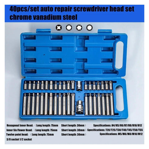 40pcs auto repair screwdriver head set in blue case, chrome vanadium steel, 3/8 and 1/2 socket bits