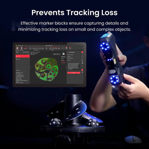 Operator using 28 Piece Magnetic 3D Scanning Markers Block Kit with tablet screen displaying tracking data on complex object.
