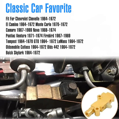 Premium Solid Brass Disc And Drum Brake Proportioning Valve PV2 Style with ports, showing compatibility for classic cars.
