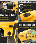 Cordless Heat Gun With Razor Scraper For Dewalt 20V Max Battery Paint Stripping Tool showcasing temperature settings and heat sink