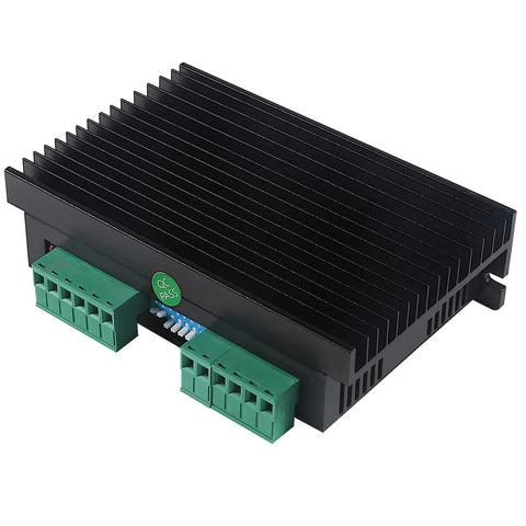 Front view of DM556 2-channel CNC stepper driver module with black heatsink and green terminal blocks
