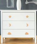 Totally Sweet Wooden Cabinet Knobs Moon Star And Cloud Shapes 6 Piece Set Heavy Duty Drawer Pulls for nursery dressers on white dresser.