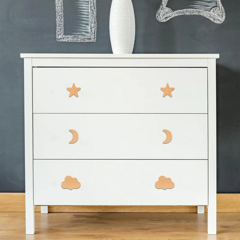 Totally Sweet Wooden Cabinet Knobs Moon Star And Cloud Shapes 6 Piece Set Heavy Duty Drawer Pulls for nursery dressers on white dresser.