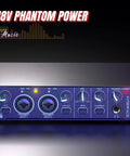 Front view of Two Channel USB Audio Interface For PC Mac And Laptop, 24Bit 192kHz Recording, showcasing 48V phantom power features.