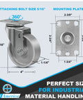 Beefy 4 Inch Cast Iron Caster Wheels Set Of 4, Industrial Metal Casters with swivel and mounting details, 1600 lb capacity
