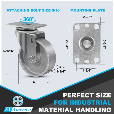 Beefy 4 Inch Cast Iron Caster Wheels Set Of 4, Industrial Metal Casters with swivel and mounting details, 1600 lb capacity
