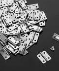One Hundred Pack Mini Metal Hinges For Jewelry Boxes And Wood Crafts, 19X16 Mm Steel Brackets With 180 Degree Swing, Heavy Hitter Diy Cabinet Fittings Plus Four Hundred Screws, close-up of mini metal hinges and screws.
