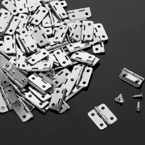 One Hundred Pack Mini Metal Hinges For Jewelry Boxes And Wood Crafts, 19X16 Mm Steel Brackets With 180 Degree Swing, Heavy Hitter Diy Cabinet Fittings Plus Four Hundred Screws, close-up of mini metal hinges and screws.