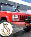 Badass Rock Solid Four Pack Of 5/16 Inch G70 Clevis Slip Chain Hook With Latch Forged Steel Heavy Duty Trailer Towing Gear Built Tough To Haul Weight Without Any Fuss On The Road with Jeep front view.