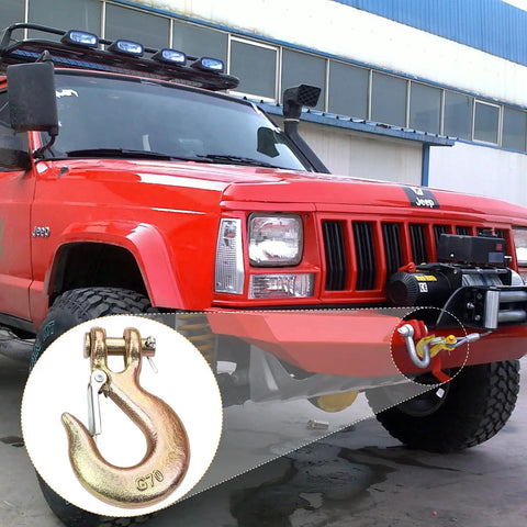 Badass Rock Solid Four Pack Of 5/16 Inch G70 Clevis Slip Chain Hook With Latch Forged Steel Heavy Duty Trailer Towing Gear Built Tough To Haul Weight Without Any Fuss On The Road with Jeep front view.