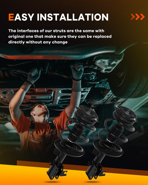 Mechanic installing drop-in front strut assembly for Nissan Altima 2013-2017 with strut mount and coil spring, OE quality.