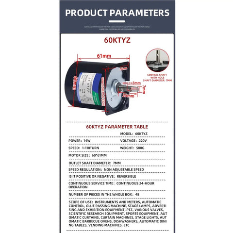 Product parameters for 60KTYZ motor showing dimensions, weight, and specifications
