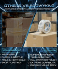 Comparison image showing other brands with weak packing tape on a box versus Scowyking's Heavy Duty Packing Tape Refills 12 Pack, 2.7 Mil Clear Packaging Tape on a box.