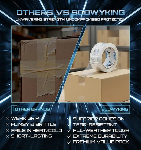 Comparison image showing other brands with weak packing tape on a box versus Scowyking's Heavy Duty Packing Tape Refills 12 Pack, 2.7 Mil Clear Packaging Tape on a box.