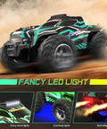 All Terrain Remote Control Car For Kids features LED lights and red dual spray effect on a high-speed RC truck.
