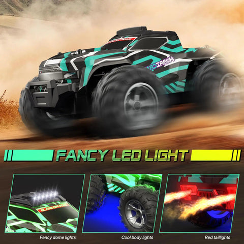 All Terrain Remote Control Car For Kids features LED lights and red dual spray effect on a high-speed RC truck.