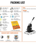 Packing list for 2-In-1 Button Maker Kit With 1.25 And 2.25 Inch Molds, No-Fuss Pin Badge Punch Press, includes parts and book.