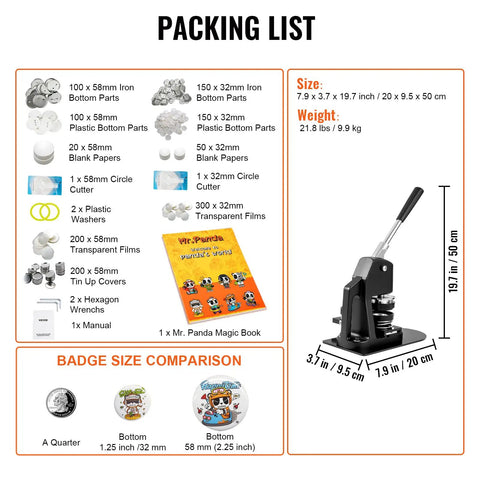 Packing list for 2-In-1 Button Maker Kit With 1.25 And 2.25 Inch Molds, No-Fuss Pin Badge Punch Press, includes parts and book.