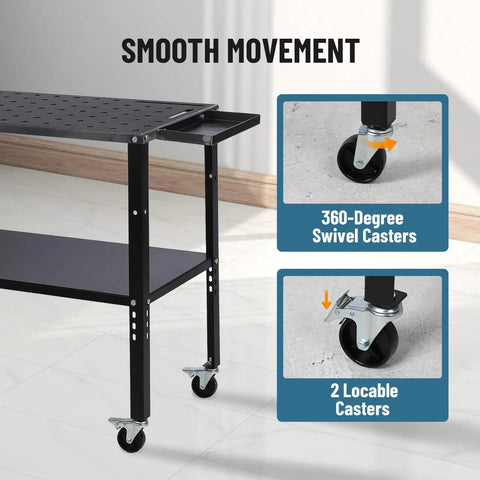 Heavy Duty Steel Welding Table Rock Solid Workbench Delivering Knockout Stability And A Massive 1200 Pound Weight Limit 36 X 19 Inch Surface showcasing smooth movement with 360-degree swivel casters.
