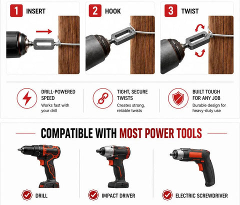 Step-by-step guide showing 2 Pack Heavy Duty Electric Drill Wire Twister With 1/4 Inch Hex Shank for easy use.