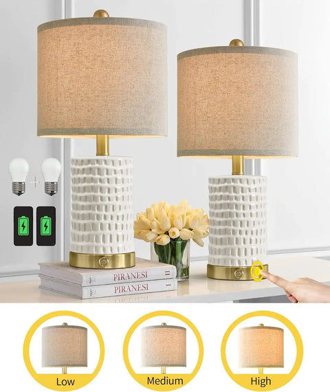 Farmhouse Ceramic Table Lamps Set Of 2 With 3-Way Dimmable Touch Control White Bedside Lamps With USB A And USB C Ports