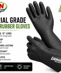 Built To Kick Butt With These Top Shelf Heavy Duty Black Rubber Work Gloves Featuring Rock Solid Chemical Resistance For Grease Monkeys And Pro Mechanics Shops, 12 inch long design.