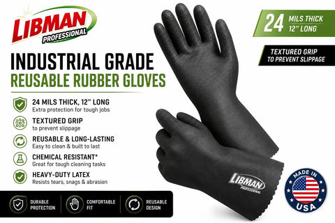 Built To Kick Butt With These Top Shelf Heavy Duty Black Rubber Work Gloves Featuring Rock Solid Chemical Resistance For Grease Monkeys And Pro Mechanics Shops, 12 inch long design.