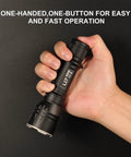 Person holding Rechargeable Tactical Flashlight 1400 Lumens With 802 Meter Long Beam Distance For Hunting, Searching, Camping