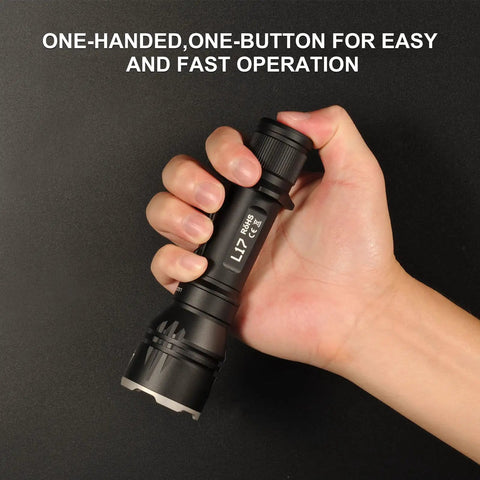 Person holding Rechargeable Tactical Flashlight 1400 Lumens With 802 Meter Long Beam Distance For Hunting, Searching, Camping