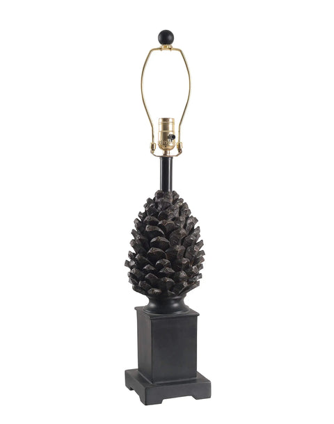 Rustic Pinecone Accent Table Lamp in Aged Bronze Finish without shade, showcasing detailed pinecone design and sturdy square base.