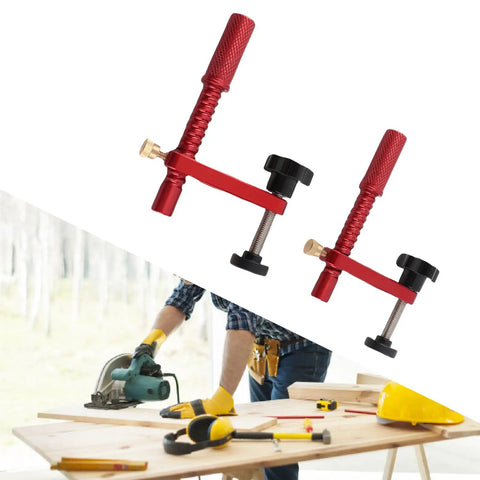 20mm Red Aluminum Bench Dog Clamp Set For Woodworking And MFT Workbench With Protective Pads All Metal Construction Knurled Rod For Strong Down Pressure shown with woodworking tools on a bench.