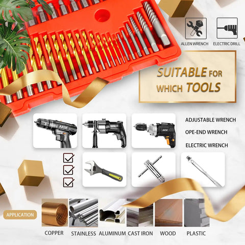 36 Piece Screw Extractor Set With Drill Bits For Removing Broken Studs Bolts And Socket Screws in red case with tool compatibility.