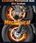 Close-up of dual disc brakes on Powerful 1200W Folding Electric Bike For Adults with 14 inch tires, showcases mechanical design.