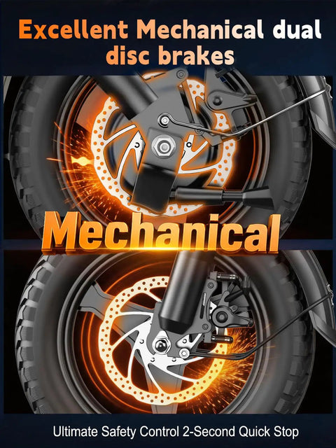 Close-up of dual disc brakes on Powerful 1200W Folding Electric Bike For Adults with 14 inch tires, showcases mechanical design.
