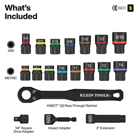 Pass-Through Impact Socket Set 33-Piece SAE And Metric With 7 SAE And 8 Metric Pass-Through Sockets, KNECT adapters visible