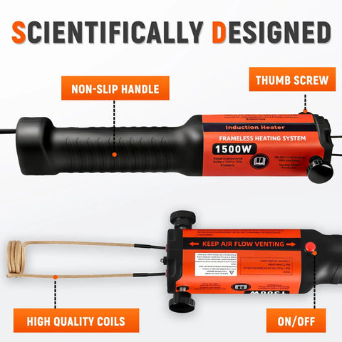 1500W Induction Bolt Removal Kit With Case, 25S Fast Heat Induction Tool And Bolt Buster, grip and coil details