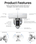 Product features of Super Bright Outdoor WiFi Floodlight Security Camera With 5000 Lumens 1080p HD, motion alerts, two-way audio.