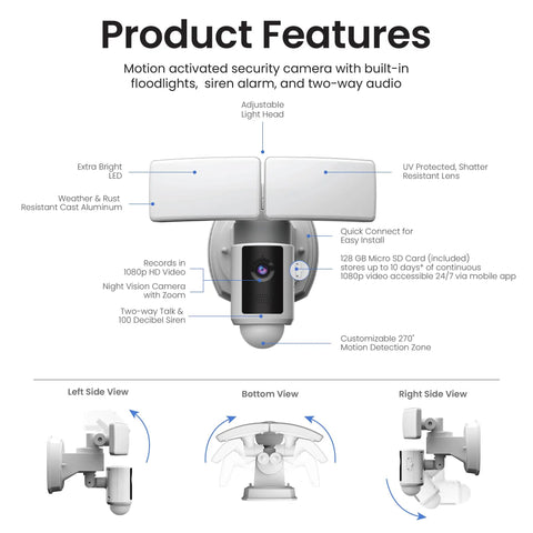 Product features of Super Bright Outdoor WiFi Floodlight Security Camera With 5000 Lumens 1080p HD, motion alerts, two-way audio.